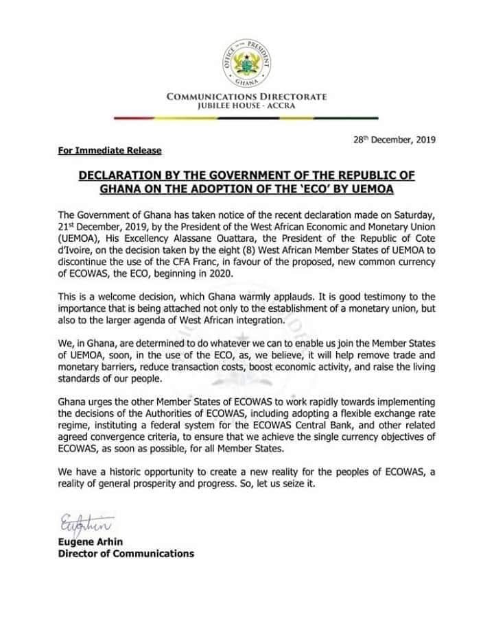 Communiqué officielle du gouvernement de la République du Ghana Communiqué officielle du gouvernement de la République du Ghana